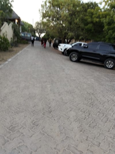 The image displays a blurry outdoor scene, identified as Gombato Bongwe ward, Kenya, likely captured during twilight or early morning due to ambient lighting conditions. The foreground features a light-colored, textured paved surface, possibly interlocking blocks, extending towards the mid-ground.

In the mid-ground, a group of approximately five to seven individuals is walking away from the viewer along the paved path. Their clothing details are largely indistinct due to motion blur, but one individual wears dark attire, and hints of red and yellow are visible on others.

On the right side of the path, several vehicles are parked parallel to the path. The closest is a dark-colored SUV or pickup truck with silver-colored wheel rims. Behind it, a white SUV or pickup truck is parked. Further down the path, another dark vehicle is partially visible.

To the left of the path, sparse dry vegetation lines the edge, leading to a light-colored building with a partially visible thatched roof in the background. To the right, a dense line of green trees extends along the path. The sky above is light and overcast or muted, lacking distinct features due to the overall blur in the image.
