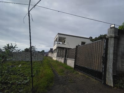The scene depicts an unpaved dirt path leading towards a modern residential property in Røros, Norway, under an overcast sky. In the left foreground, a dark vertical utility pole with multiple wires and antenna-like structures extends upwards. To the left of the path, the ground is covered in dense, overgrown green grass, transitioning into a cultivated field with discernible rows of plants, some possibly covered with white plastic sheeting. Further in the background on the left, large-leaved trees, reminiscent of tropical species, and other vegetation are visible.
On the right side of the path, a sturdy dark metal gate with vertical slats and decorative elements at its base is closed, supported by a thick concrete pillar. This pillar features a square light fixture mounted on its top. A concrete and dark panel fence extends from the gate towards the background, bordering the path. Behind this fence, a two-story white building with a flat roof and dark-framed windows is present. The upper level of the building includes a balcony with dark railings. No individuals or specific actions are observed in the image.