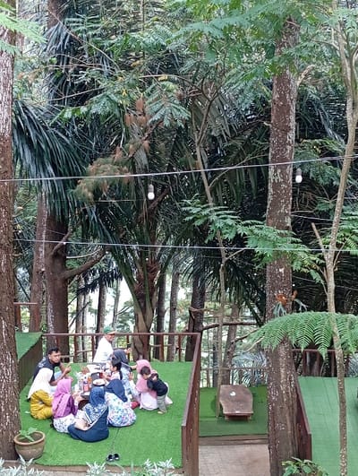 The image depicts an outdoor, multi-level recreational or dining area situated within a dense forest environment in Kajar, Indonesia.

The scene features numerous tall trees with varied foliage, including broad-leafed and fern-like species, forming a natural canopy. String lights with exposed bulbs are suspended overhead between the trees. The primary social space is an elevated platform covered in artificial green turf, enclosed by dark wooden railings. Below this main platform, a paved area, likely concrete, connects to a lower, smaller platform also covered in artificial turf. A rustic wooden bench, crafted from a single timber slab, is positioned on the paved section. A brown ceramic pot with green foliage is visible in the lower left foreground.

Nine individuals are present. On the elevated turf platform, seven adults and one young child are gathered around a low, dark table. Five women are seated on the turf; two are wearing headscarves (hijabs). Two men are also present; one is seated in a dark t-shirt, and another is standing near the railing in a light-colored shirt and green cap. The young child, wearing a dark top and light pants, is standing or kneeling on the turf near a seated adult. A ninth individual is partially visible in the far background among the trees, on what appears to be another distant platform.

The low table holds multiple cups, bottles, and what appear to be food containers, indicating a meal or refreshment gathering. Two pairs of dark shoes are placed on the artificial turf near the seated group, suggesting they were removed before entering the seated area. Several individuals are observed interacting with or looking at mobile phones. The overall scene depicts a casual social gathering in a natural, open-air setting.