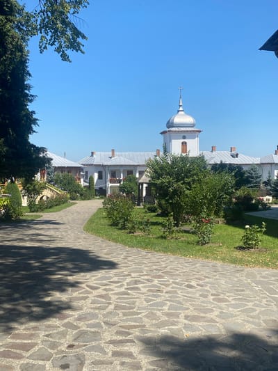 The image depicts a serene monastery courtyard in Filioara, Romania, on a clear, sunny day. A paved pathway, constructed from irregular grey and brown stones, curves through the foreground, partially shaded by the dappled sunlight filtering through overhead tree branches. Flanking the pathway are meticulously maintained green lawns, dotted with various shrubs and rose bushes, some of which are in bloom with red and white flowers.

In the middle ground, the monastery buildings present a traditional architectural style. They are primarily white, with pitched grey roofs and dark red brick chimneys. One prominent structure features a silver, onion-shaped dome topped with a cross, adding a distinctive religious element to the scene. Several windows are visible, some with decorative wooden shutters and flower boxes. A stone bridge with railings also arches over a section of the pathway.

The background is dominated by a bright blue sky. Evergreen trees and deciduous trees with lush green foliage frame the scene, adding to the tranquil atmosphere of the monastery grounds. No people are visible in the image, contributing to the sense of peace and solitude.