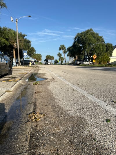 This image captures a street scene in Melbourne Beach, Florida. The perspective is low and tilted, looking down the asphalt road from the curb. The road surface is gravelly with a distinct white line marking the lane. Puddles of water are visible along the curb, reflecting the clear blue sky with scattered wispy clouds. A pile of dry leaves rests on the asphalt near the curb.

On the left side of the road, palm trees and other lush green foliage line the street. Further down the road, several parked vehicles are visible, including what appears to be a police car in the foreground on the left, with the word "POLICE" visible on its side. A street lamp with a modern design stands tall on a wooden pole, accompanied by some electrical equipment. A "Welcome to Melbourne Beach" sign is mounted on a pole, featuring a circular emblem.

In the distance, more palm trees and the tops of buildings can be seen. A traffic sign with a curved arrow and "15 MPH" is visible on the right side of the road, indicating a speed limit and a turn. The sunlight suggests it is daytime, likely late morning or afternoon, with bright conditions and shadows cast on the pavement. The overall atmosphere is calm and somewhat tranquil, characteristic of a sunny day in a coastal town.