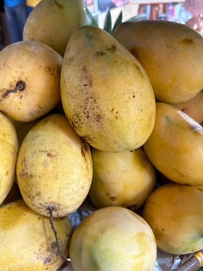 A close-up, eye-level shot shows a pile of ripe yellow mangoes. The mangoes have a smooth skin with some minor blemishes and speckles of brown. Their shapes vary, with some being more rounded and others more elongated. In the background, out of focus, are glimpses of a market stall, including a blurred figure in a blue shirt and hints of wooden structures and foliage. The lighting suggests an outdoor environment, likely in a market in Nam Khanh Vinh, Vietnam.