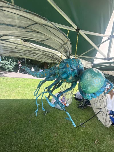 The image depicts a large, blue and gold dragonfly sculpture on display outdoors, likely as part of a public event or exhibition. The sculpture is suspended from a green and white gazebo, with its translucent wings spread wide. The dragonfly's body is detailed with iridescent scales and appears to be made of various materials, possibly paper mache or fabric over a frame. Several people are visible in the background, some sitting on the grass, while others are walking or attending to the sculpture. The ground is covered in well-maintained green grass. The setting appears to be a park or open public space, consistent with the town of Leominster in the United Kingdom. The lighting suggests it is daytime with bright sunlight, casting shadows on the grass.