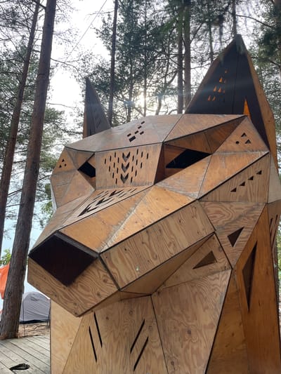 The image shows a large, geometric wooden sculpture of a wolf's head, constructed from plywood panels. The sculpture is located outdoors, in a forest setting with tall pine trees. The sun is visible through the trees, casting dappled light on the sculpture. In the background, there are tents and a wooden deck, suggesting a campsite or festival. The sculpture has intricate details, including cut-out patterns on its face, resembling eyes, nose, and mouth. The wolf's head is depicted in a stylized, angular manner, with sharp lines and planes. The texture of the plywood is visible, with its natural grain and knots. The overall impression is one of a striking art installation within a natural environment. The location is Luzhki, Russia.