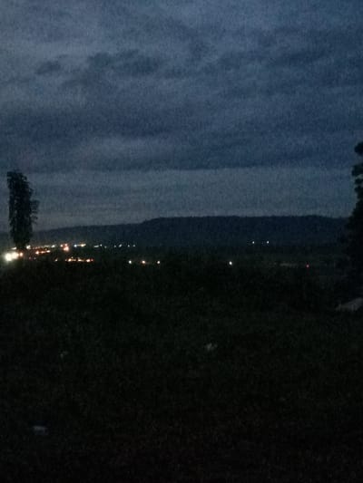 A dark, hazy landscape under a cloudy night sky. A distant horizon line is subtly visible with a dark mass, likely a hill or mountain range. Bright lights suggest a town or city in the distance. The foreground is dominated by darkness, possibly vegetation, obscuring details. A slender tree is visible on the left, silhouetted against the faint lights. The overall impression is one of quiet stillness and remoteness.