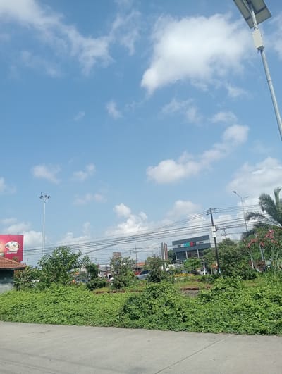 This image captures a bright, sunny day in Sawotratap, Indonesia, with a clear blue sky dotted with white clouds. The foreground shows a paved surface, possibly a road or walkway, bordering a dense area of lush green vegetation. Beyond the vegetation, a line of utility poles with numerous wires stretches across the scene, indicating an urban or semi-urban environment. Several buildings are visible in the mid-ground, including a building with a dark facade and some signage, suggesting commercial activity. A tall light pole with multiple lamps stands to the left, and a solar-powered street lamp is positioned on the right. A billboard with red accents is also present on the left side of the image. The presence of trees and flowering plants, particularly pink flowers on the right, adds to the natural elements within the built environment. The overall scene depicts a typical day in a developed area of Sawotratap.