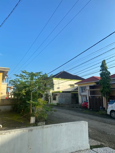 This is an outdoor, eye-level, medium shot photograph taken in the city of Walennae, Indonesia. The image depicts a residential street scene under a clear blue sky. In the foreground, a white concrete wall runs horizontally across the bottom of the frame. Beyond the wall, a paved road is visible, lined with houses and vegetation.

Several houses with tiled roofs are visible. To the left, a portion of a yellow and white house with a prominent yellow trim is seen. In the center, a two-story house painted white with green accents features a dark tiled roof and a balcony. To the right, another house has a red-tiled roof and a covered carport with brown metal gating. A tall, slender evergreen tree stands in front of this house.

A papaya tree with large, lobed leaves is prominently featured in the mid-ground, to the left of the street. Other greenery, including bushes and mossy patches on the ground, are present throughout the scene.

Two vehicles are parked on the street: a red hatchback on the right side of the road, partially obscured by a fence, and a white SUV parked in front of the house with the red roof. Numerous power lines crisscross the sky, adding a linear element to the composition. The lighting suggests it is daytime, likely morning or late afternoon, with the sun casting shadows. No people are visible in the photograph.