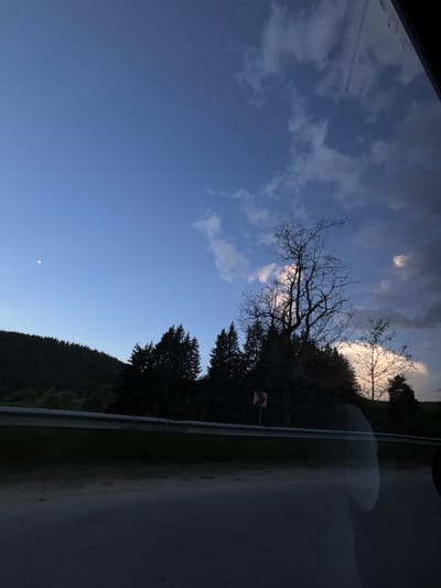 The image shows a view from inside a vehicle, likely a car. The sky is visible with scattered clouds and a hint of twilight. The scene captures a road passing through a forested area. A road sign indicating a sharp turn is visible on the side of the road. A small moon is visible in the blue sky. Based on the location information, the scene is likely in or near Borino, Bulgaria.