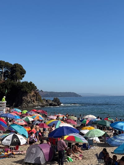 The image depicts a crowded beach scene in Tomé, Chile, under a clear blue sky. The upper approximately 40% of the frame is dominated by an uninterrupted, clear blue sky. Below this, a body of water, likely the Pacific Ocean, extends across the middle ground, with a distant, forested coastline and hills visible on the horizon.

To the left, a dark, rocky cliff face densely covered with green vegetation, including numerous trees, rises from the water's edge. On the sandy area directly in front of this cliff, a white lifeguard tower is positioned, featuring a person in a yellow uniform and a green flag attached to its structure.

The sandy beach in the foreground and midground is densely populated with individuals and their belongings. A multitude of open beach umbrellas, exhibiting a wide array of colors including red, blue, green, yellow, and various striped patterns, are clustered across the sand. One prominent black and white umbrella in the lower-left foreground displays "Kaia Sport" branding. A small, purple pop-up beach tent is visible near the center-left.

Numerous people are present on the beach, sitting on towels or chairs, standing, and walking. A significant number of individuals are also in the blue-green ocean water, swimming or wading near the shore. Small rock formations are visible within the water near the base of the cliff. The scene indicates a sunny day with calm ocean conditions and active beach use.