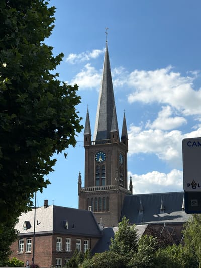 The image shows a view of the Sint-Martinuskerk (Saint Martin's Church) in Druten, Netherlands. The church is made of red brick with a tall, grey steeple. A clock face is visible on the steeple. In the foreground, there is a large green tree on the left side of the image, partially obscuring the church. The sky is blue with white, fluffy clouds. To the right of the church, a sign is partially visible, displaying the word "CAM" and the word "POL". The lower portion of the image shows the rooftops and windows of connected buildings, also made of red brick, which are likely part of the church complex or adjacent structures. Some smaller trees and green foliage are also visible in the foreground and midground.