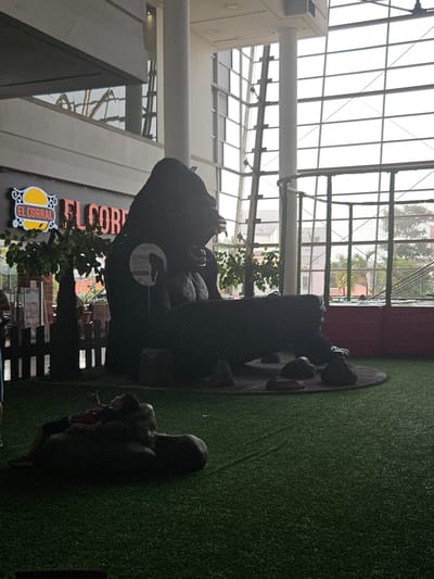 Captured in Perímetro Urbano Cúcuta, Colombia, the image features an indoor space with a predominantly glass ceiling supported by structural beams. A prominent statue of a gorilla stands near a faux-grass area. A restaurant sign "EL CORRAL" is visible behind the gorilla. Multiple people are present in the scene.