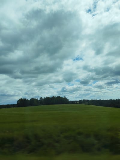 This is a photograph taken from a moving vehicle, likely a car or train, as evidenced by the motion blur in the foreground. The image depicts a wide, rolling green field in the foreground, transitioning to a dense line of dark green trees that form the horizon. Above the trees, a vast sky is filled with dramatic, heavy grey clouds interspersed with patches of bright blue sky. The lighting suggests it is daytime, possibly late afternoon, with the sun struggling to break through the overcast conditions. The overall mood is somewhat somber yet serene, characteristic of a cloudy day in a rural landscape. The location is identified as Buranovo, Russia, which aligns with the pastoral scenery. There is no visible text within the image.