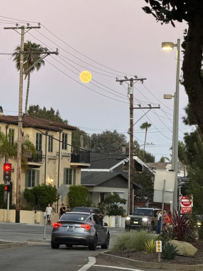 The image captures a street scene in Manhattan Beach, California, with a prominent full moon visible in the twilight sky. The moon, a bright yellow orb, is positioned between power lines, with a palm tree to its left and a street light and tree foliage to its right. In the foreground, a gray electric sedan, possibly a Tesla, is turning at an intersection. A gold Toyota SUV is also visible at the intersection, with two individuals standing nearby. Further back, a building with a terracotta roof and yellow stucco exterior is visible, featuring balconies and windows. Several traffic lights are present, one displaying a red arrow pointing left. The street is lined with power poles and wires, characteristic of a developed urban environment. The sky is a pale lavender, indicating the transition from day to night. Lush green vegetation, including palm trees and various shrubs, adorns the sidewalks and medians. Red and white "Do Not Enter" and "Wrong Way" signs are mounted on a pole on the right side of the image.