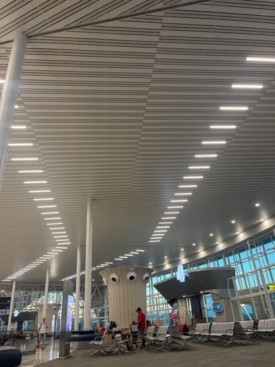 The image shows the interior of Sultan Hasanuddin International Airport in Baji Mangngai, Indonesia. The camera points upwards to the ceiling, which is composed of long, gray, horizontal panels with thin, dark vertical lines. Recessed lighting creates a pattern of bright, vertical lines running along the length of the ceiling.

In the background, a waiting area is visible, with rows of chairs and people sitting and standing. There is a large, gray, architectural element that features circular shapes. Light enters the space through a glass roof, creating a bright and airy environment. Structural support columns are also visible, along with signage and digital displays.