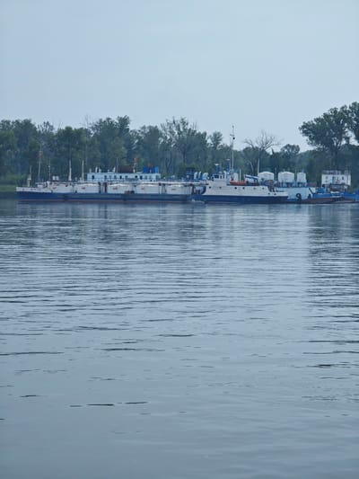The image depicts a view of the Ермолаевский Затон in Russia. Several boats are docked along the water's edge, with a line of trees forming the background. The boats appear to be a mix of barges and other utility vessels, with some displaying white and blue paint. The water is calm, with ripples creating a textured surface. The sky is overcast, contributing to the muted color palette of the scene. No people are visible in the image.