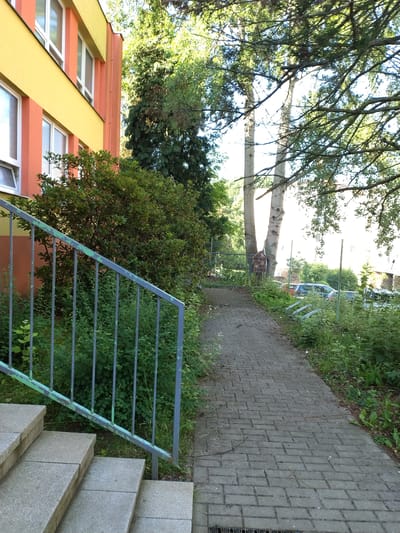 This is an eye-level, wide shot of an outdoor scene in Písek, Czechia. The image is oriented vertically. In the foreground, a metal railing with green paint chipping off runs diagonally from the bottom left to the center right, next to a set of stone stairs. Beyond the railing and stairs, dense green foliage and trees dominate the right side of the frame.

To the left, a brightly colored building with yellow and orange sections is visible. It has several windows with white frames, some of which are open. The building appears to be part of a school or residential complex.

In the background, a paved walkway extends into the distance, bordered by greenery. A fence, some bicycles, and what looks like a bird feeder are visible along the walkway. Tall trees with light-colored trunks and branches are prominent in the upper left portion of the image, their leaves creating a dappled light effect. The overall impression is of a sunny day, possibly late morning or early afternoon, given the bright lighting and shadows. The scene conveys a sense of everyday life in a residential or educational setting surrounded by nature. There is no visible text in the image.