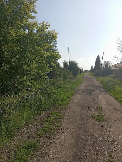 The image shows a gravel road in a rural area, likely in Новокопылово, Russia. The road is lined with green trees and vegetation on both sides. Telephone poles and wires are visible along the road. In the distance, there appear to be a few houses and some parked vehicles. The sky is bright and clear, suggesting it is daytime, possibly late morning or early afternoon. The overall scene depicts a quiet, possibly suburban or village environment with a simple, unpaved road.