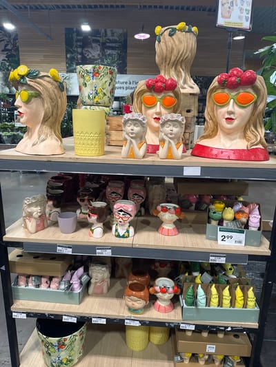 The image shows a shelf display in a store, likely in Mouscron, Belgium based on OCR text. The shelves are stocked with various decorative plant pots and containers, with a focus on novelty and character designs.

The top shelf prominently features large, woman-shaped planters with strawberry and lemon accents, as well as smaller busts. Below, there is a variety of smaller pots depicting faces and figures. The right side of the display includes pots in assorted shapes and sizes. Some are plain colored while others have floral patterns. Price tags and brand labels ("Decoris") are visible, indicating retail products. The environment includes glimpses of store lighting, other shelving units, and hints of indoor plants in the background.