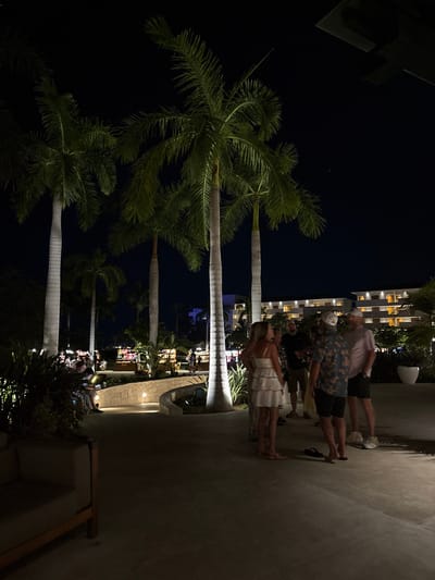 At night in Punta Sam, Mexico, a group of individuals is gathered outside a resort. Palm trees are prominent in the foreground and throughout the scene, their fronds silhouetted against a dark sky. In the background, a multi-story resort building is illuminated with warm lights, and smaller structures that appear to be shops or stalls are visible with lighting. Several people are standing and conversing, some are holding drinks, and others are looking at their phones. The ground is paved, and there are low-lying lights embedded in the walkway. A large sofa is partially visible in the lower left corner of the image.