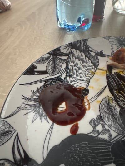 The image shows a close-up of a decorative plate with a black and white bird and botanical illustration. A dollop of dark, viscous sauce, possibly barbecue sauce or a similar condiment, is in the center of the plate, forming a ring shape with an opening in the middle. To the left of the plate, a part of a clear plastic bottle with some liquid inside is visible. The bottle has a blue and red cap or label and appears to be a beverage. The plate is resting on a light-colored wooden surface, likely a table. The lighting suggests it could be daytime. The scene appears to be indoors, possibly in a home or dining setting in Skórzewo, Poland, given the location context. There are no people visible in the frame. The focus is on the plate and its contents, with a portion of a bottle as a secondary object.