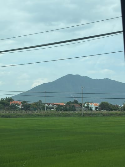 The image depicts a rural landscape with a prominent mountain range in the background. In the foreground, a vibrant green rice field stretches across the frame. Behind the field, a line of buildings with orange-tiled roofs and white walls can be seen, interspersed with trees and vegetation. A single utility pole with wires is visible near the center of the image. The sky is overcast with some clouds. The location is identified as Tan Dinh, Vietnam. There are no people visible in the image. The scene is calm and serene, showcasing a typical rural environment in Vietnam.
