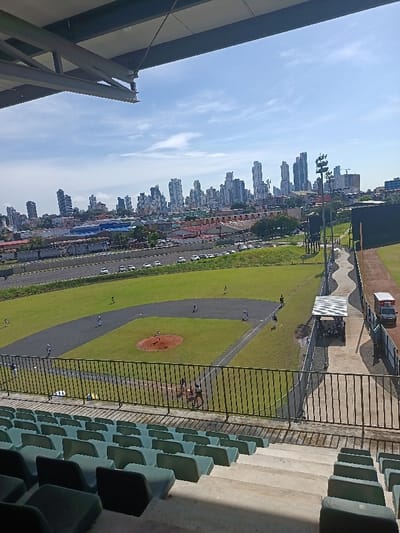 A baseball field is viewed from stadium seats, with players visible on the field. Beyond the field, a roadway with parked cars is lined with trees and low buildings. High-rise buildings form a skyline in the distance under a partly cloudy, blue sky. The foreground includes empty green seats, a metal fence, and a portion of the stadium's roof structure.