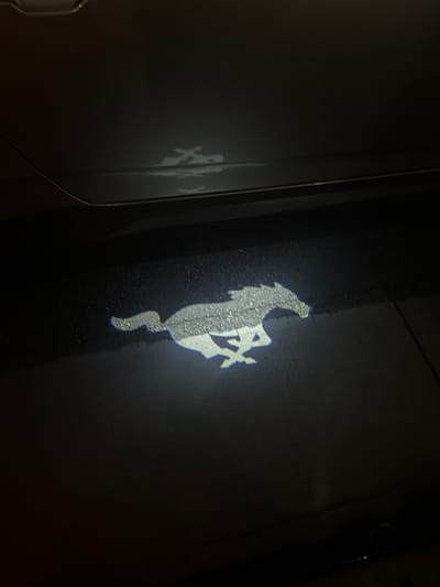 A projection of a prancing horse emblem is cast upon a dark surface, likely a vehicle door. The emblem is depicted in a bright, possibly white, light, contrasting against the dark background. The surface appears to be wet or glossy, reflecting the projected image to a fainter degree on a neighboring area. The scene is dimly lit, with minimal ambient light contributing to the overall darkness. No people or identifiable objects are visible other than the surface onto which the projection is cast. The location in Palm Desert, United States of America cannot be discerned from the image.
