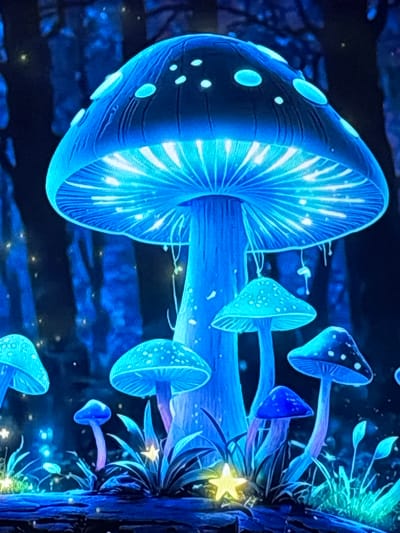 This media file is a digital image depicting a fantastical, bioluminescent mushroom forest. The primary subjects are a cluster of large, glowing mushrooms in various shades of electric blue and cyan. The largest mushroom in the foreground is immense, with a wide, ribbed cap that radiates light. Smaller mushrooms of different sizes and shapes are scattered throughout the scene, some with speckled caps, others with smooth, elongated forms.
The setting appears to be a dark, nocturnal forest. The background is a deep, inky blue-black, with hints of darker shapes suggesting trees or foliage. Small, sparkling yellow lights are interspersed throughout the image, resembling fireflies or distant stars, adding to the magical atmosphere. Some delicate, glowing plant-like structures are visible on the right side of the frame, adding to the otherworldly environment.
No people are present in the image. The overall mood is one of mystery, enchantment, and a touch of wonder. The strong, cool blue lighting from the mushrooms creates an ethereal and dreamlike quality. There is no visible text in the image. The location context of Skopje, North Macedonia, is not directly indicated by any visual cues within the image itself.