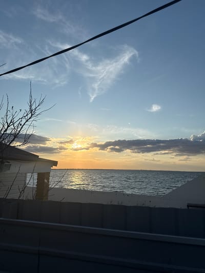 The image depicts a sunset over the Black Sea in Zatoka, Ukraine. A bare tree branch extends from the left foreground, partially obscuring a white, single-story building with a sloped roof and what appears to be a stone foundation. In front of the building and extending across the lower portion of the frame is a dark, textured fence or wall. The sea is visible beyond the building, with gentle waves reflecting the golden light of the setting sun. The sky is a mix of blue with scattered white and gray clouds. A dark, wavy wire runs diagonally across the upper portion of the sky. The overall scene captures a serene coastal landscape at dusk.