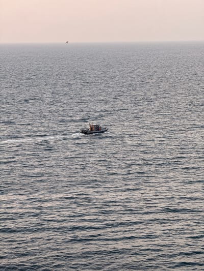 A medium shot shows a dark-colored rigid inflatable boat with an open cabin moving from left to right across a calm, grey sea. The boat is leaving a white wake behind it. The sky above is a hazy, pale pinkish-grey, with the faint outline of a bird in flight visible in the upper left quadrant of the frame. The horizon line is indistinct due to atmospheric haze. The scene is likely captured from a high vantage point, looking down on the water. No city or land features are visible, suggesting an open sea environment.