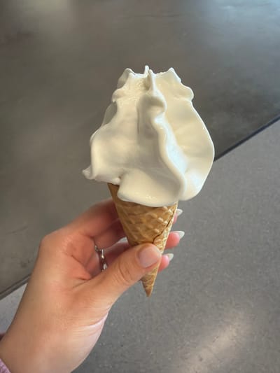 A hand holds a plain vanilla soft-serve ice cream cone. The ice cream is swirled and voluminous, with a smooth, creamy texture. The cone is a standard waffle cone. The background is a neutral gray surface, likely a countertop or table. The image is taken from a close-up perspective, focusing on the ice cream and the hand. There is no indication of the location within the city of Son en Breugel, Netherlands.