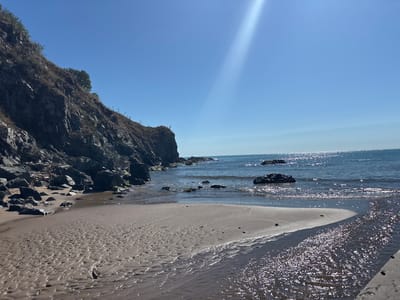 This image depicts a natural seascape on a clear, sunny day, likely in Rezovo, Bulgaria. The foreground features a sandy beach with intricate patterns of water drainage, suggesting the tide has recently receded. A narrow stream of water flows across the sand, reflecting the bright sunlight. To the left, a rocky cliff face rises steeply, covered with sparse vegetation and small trees. The cliff is interspersed with large boulders and smaller rocks, some of which are at the edge of the water. The sea stretches out to the horizon, its surface shimmering with sunlight. Several dark rocks or small islets are visible in the water near the shore. The sky is a brilliant, cloudless blue, with a strong beam of sunlight cutting diagonally from the upper right corner of the frame, creating a lens flare effect. The overall scene is serene and unpopulated.