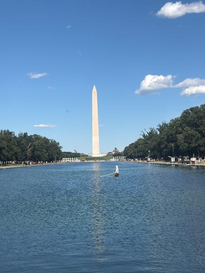 The image depicts the Washington Monument in Washington, D.C., viewed from across the Reflecting Pool. The sky is a clear blue with scattered white clouds. The Washington Monument, a tall, slender obelisk, stands prominently in the distance. In the foreground, the Reflecting Pool occupies the majority of the frame, with gentle ripples on its surface. A lone figure, seemingly wading in the shallow edge of the pool, is visible in the middle ground, holding a long pole. Along the far edge of the pool, a line of trees borders the scene, with people and vehicles present near the tree line. The overall scene suggests a sunny day in a public space within the city.
