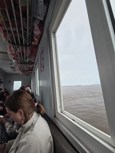 This interior view from a boat or ferry cabin captures a moment of travel on a waterway near Nizhneleninskoe, Russia, under an overcast sky. The image is oriented sideways, with the boat's ceiling running vertically down the middle.

Through a large, rectangular skylight positioned towards the top of the frame, a segment of a light grey, cloudy sky is visible on the upper left, while a murky, brownish body of water with ripples appears on the upper right, indicating the vessel is in motion. The skylight has white framing.

Inside the cabin, a young woman with brown hair tied in a ponytail with a pink elastic band is prominent in the mid-right portion of the frame, facing downwards and away from the camera. She wears a light-colored jacket over a plaid shirt and an earring. On the lower left side of the cabin, numerous red life vests, each encased in clear plastic, are neatly stored on white metal racks. Further into the cabin, seen beyond the main skylight, are smaller side windows revealing the same bright, overcast sky, and blurry figures of other passengers. Red and white safety signs, one partially legible with 'НЕ КУРИТЬ' (No Smoking) in Cyrillic, are affixed to the ceiling and walls. The scene conveys a functional setting for passenger transit during daytime, under cloudy conditions.