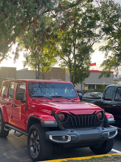 The image shows a red Jeep parked in a parking lot in Largo, Florida. The Jeep is the primary subject. A dark green Jeep is parked next to it. Behind the Jeeps, the upper facade of a building is visible. Trees with green foliage and red flower-like growths are present in the foreground, partially obscuring the view of the building. The sky is visible through the trees. The scene appears to be outdoors during the daytime.