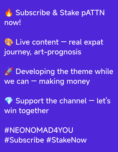 The image is a screenshot of text on a vibrant purple background. The text is white and arranged in a list format, with emojis preceding each item. The emojis are a flame, a palette, a rocket ship, and a diamond. The text promotes subscribing and staking, live content, developing themes, and supporting a channel. At the bottom, two hashtags are displayed: #NEONOMAD4YOU and #Subscribe #StakeNow. There are no people, objects, actions, interactions, or environmental details to describe as the image solely contains text and emojis on a solid colored background. There is no information within the image that relates to Xayden, Laos.