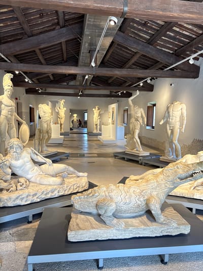 The photograph captures an interior shot of a museum hall, likely the Museo di Villa Adriana in Tivoli, Italy, known for its collection of Roman sculptures and artifacts. The scene is dominated by a series of white marble sculptures arranged along the right side of the hall. These sculptures vary in form, depicting human figures and a detailed relief of an animal, possibly a crocodile. The sculptures are positioned on display stands with gray panels, which are mounted to the wall. The hall extends into the distance, with diminishing views of additional sculptures and displays.

The architectural features of the hall are distinctive. The ceiling is constructed with a complex network of dark wooden beams arranged in a traditional, possibly coffered pattern. Modern lighting fixtures are attached to the beams, illuminating the exhibits below. A metal mesh walkway or platform is visible closer to the top left of the image, running along the ceiling. The walls are painted a light color, providing contrast to the dark wooden beams. The floor appears to be made of light stone or tile, and a few windows are visible in the background, allowing natural light to enter the hall. Two people are visible in the distance at the end of the hall.