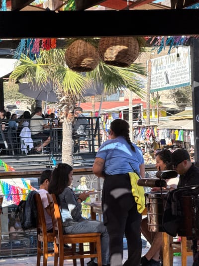 This image depicts a scene at Villa Titan, Puerto Nuevo, Mexico. A group of people are seated at tables under an outdoor canopy, with palm trees and a marketplace visible in the background. In the foreground, a woman in a blue shirt and black pants stands, wearing a yellow towel over her shoulder. She is facing away from the camera, towards a table where two people are seated. To the right, another woman in a denim jacket is seated at a table, holding a plate. Men are also visible at tables, some wearing hats and sunglasses. Colorful banners and woven baskets hang from the canopy. The marketplace in the background features racks of clothing and other merchandise.