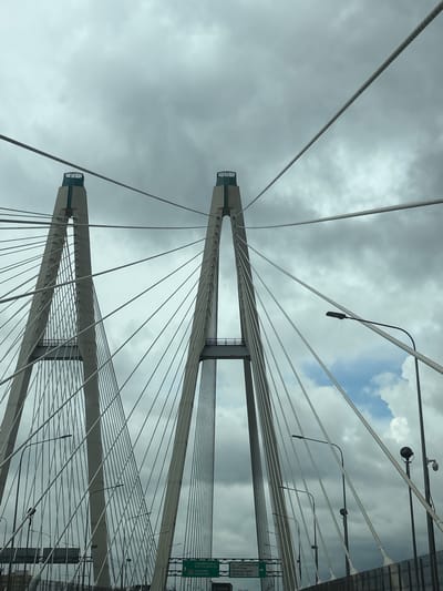 This is a low-angle, full-frame, outdoor, daytime, vertical shot of the Dnp Ryzhiki bridge in Russia. The sky is overcast with dramatic clouds. Two large, concrete pylons dominate the foreground, angled towards each other and supporting numerous thick, white cables. These cables crisscross and fan out across the image, attaching to the roadway below. Several streetlights and security cameras are visible along the edge of the bridge. Green road signs with Russian text are also present. The overall impression is one of imposing infrastructure against a turbulent sky.