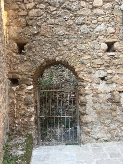 This image depicts a rustic stone archway with a weathered metal gate in Vallo della Lucania, Italy. The stonework of the archway is rough and uneven, composed of various sizes and colors of natural stones, interspersed with patches of older mortar. Two small, square openings are visible in the stonework to the left and right of the arch, suggesting historical defensive features or ventilation shafts. The metal gate is simple, with vertical bars and a small padlock securing it. Beyond the gate, dense greenery and more stonework are visible, hinting at a hidden courtyard or passage. The ground in front of the arch is paved with light-colored, irregular flagstones, with a moss-covered stone ledge to the left. The overall scene conveys a sense of age and neglect, characteristic of historical architecture in older European towns.