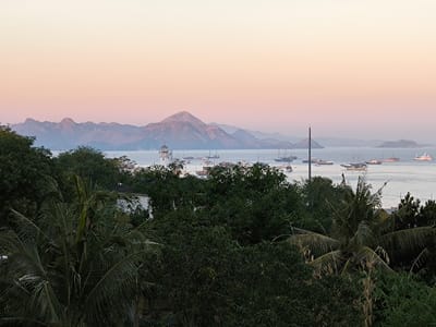 The image depicts a panoramic view of a harbor in Labuan Bajo, Indonesia, at dusk. In the foreground, dense green foliage, including palm trees, partially obscures the view of a body of water filled with numerous boats and ships of various sizes, some appearing to be traditional wooden vessels and others more modern yachts. A white lighthouse stands prominently on a hill overlooking the harbor. In the background, a range of layered mountains under a soft, gradient sky that transitions from a pale orange to a light purple. The overall atmosphere is serene and tranquil, indicative of the end of the day.
