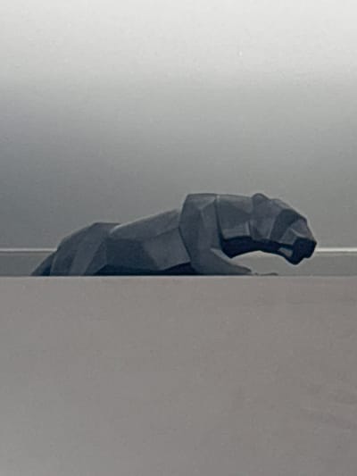 A gray, stylized sculpture of a human hand is partially visible between two white surfaces. The hand appears geometric in design, with distinct planes and angles defining its shape. The context and location information provided (Petarch, Bulgaria) do not correspond to the visual elements of the image.