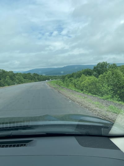 The image depicts a view from inside a vehicle driving on a paved road. The road curves to the right and is bordered by a grassy shoulder. On either side of the road are dense green trees, forming a forest. In the distance, rolling hills covered in trees rise against a cloudy sky. Several vehicles are visible on the road ahead. The foreground shows the dashboard and windshield of the vehicle. The scene is characteristic of a rural or natural landscape. The image does not contain any elements that specifically indicate the location as Zanadvorovka, Russia, or any other specific city or region.