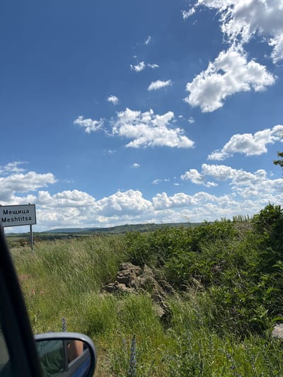 The image captures a view from inside a car near Meshtitsa, Bulgaria. Visible through the car window is a landscape with a clear, blue sky filled with puffy white clouds. Lush green vegetation, including tall grass and leafy bushes, covers the ground. A road sign indicating "Мещица Meshtitsa" is situated in the foreground. A car's side mirror is partially visible.