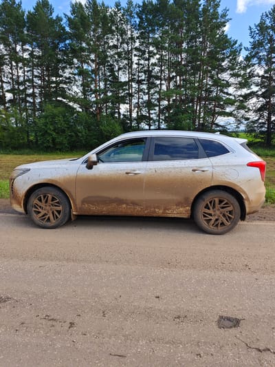 A silver SUV is parked on a dirt road in Malyi Gondyr, Russia. The vehicle is heavily covered in mud, suggesting it has been driven off-road. The car is positioned with its side facing the camera. In the background, a dense line of tall pine trees stretches across the frame. The sky above is blue with scattered white clouds. The ground is a mix of dirt and asphalt.