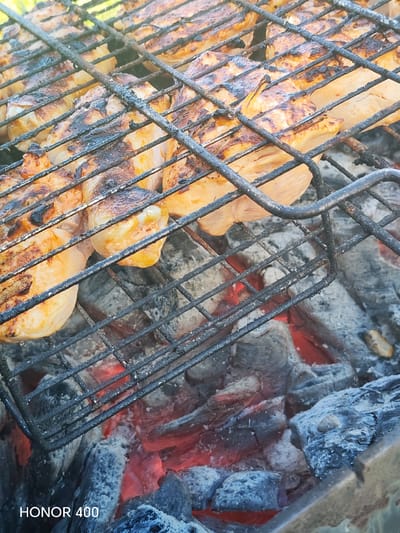 A close-up, overhead shot shows chicken pieces being grilled over glowing red coals. The chicken, some with charred edges and grill marks, is positioned on a metal grate. The background consists of hot, gray and red coals, with some ash scattered around. The bottom left corner of the image features the text "HONOR 400". The location is identified as Эрхирик, Russia.