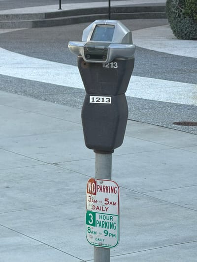 An eye-level, medium shot captures a weathered, dark gray parking meter standing on a concrete sidewalk. The meter has a silver, angular top with a small screen and a black midsection. Stenciled white numbers "1213" are visible on the front of the meter, near the top and also midway down the black section. Below the meter, attached to its metal pole, are two parking restriction signs. The top sign, with a red border, reads "NO PARKING 3 AM TO 5 AM DAILY." The bottom sign, with a green border, reads "3 HOUR PARKING 8 AM TO 9 PM DAILY." At the very bottom of the green sign, small white text indicates "CITY OF SANTA MONICA, CALIF. SCC 4/17." The background shows a diagonal patterned sidewalk with gray and white stripes, and further back, concrete steps and a green shrub. The overall scene is outdoors on a clear day.