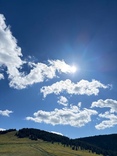 The image shows a bright, sunny sky with scattered white clouds. The sun is visible and appears to be partially obscured by a cloud, creating a lens flare effect. Below the sky is a sloped, grassy hillside dotted with numerous dark green coniferous trees. A path or track is visible winding its way up the hillside. The scene is reminiscent of a mountainous or hilly region. There are no people or animals depicted in the image, nor any man-made structures other than the path. The location is not Gela, Bulgaria.