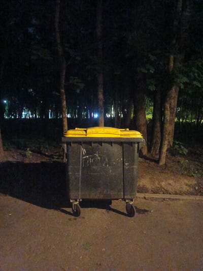 A large, dark gray garbage bin with a yellow lid stands on a paved surface in front of a wooded area at night. The bin has wheels on its base. The trees in the background are dark and appear to be illuminated from a distance, with some lights visible through the foliage. The ground in the foreground is a mix of pavement and dirt. There are no people or animals visible in the image. The scene is likely a public space within the city of Sof'ino, Russia.