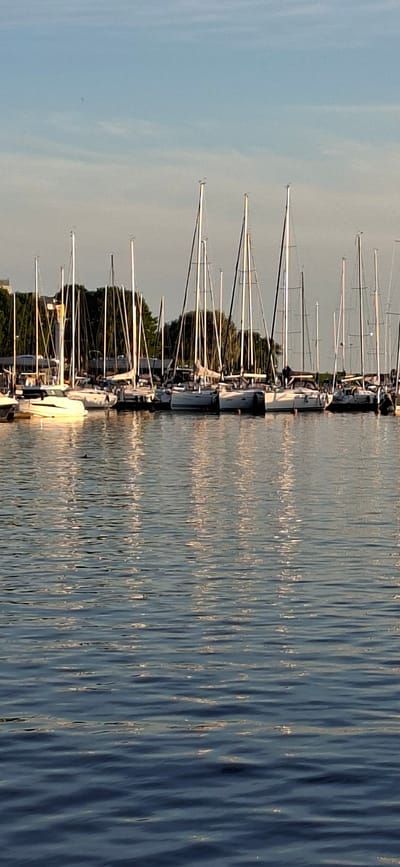 This media file depicts a harbor scene in Pärnu, Estonia. The primary subjects are numerous sailboats docked side-by-side, their masts creating a striking visual pattern against the sky and water. The boats are arranged in a line along a quay or dock. Behind the boats, a dense line of trees forms a natural backdrop. The water in the foreground is calm but rippled, reflecting the light and the masts of the boats, suggesting a gentle breeze.
The scene appears to be set during the late afternoon or early evening, as indicated by the warm, golden light reflecting on the water and the soft illumination of the sky. The sky is a pale blue, with some wispy clouds, suggesting fair weather. There are no people visible in the image, emphasizing the stillness and peacefulness of the harbor. The presence of numerous sailboats indicates this is likely a popular recreational boating area.
Notable details include the intricate rigging of the sailboats and the detailed texture of the water's surface. The reflections create an impressionistic effect, blurring the lines between the real and the reflected images. The overall mood is one of tranquility and natural beauty. No visible text is present in the image.